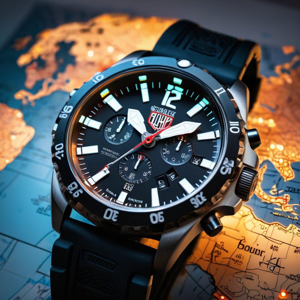 A close-up shot of a high-performance Luminox watch displaying its intricate details, set against a backdrop of a world map with soft, glowing lights that symbolize travel and adventure. The watch should have a sporty design with luminous elements, capturing both style and functionality. The lighting should enhance the watch's features, creating a sleek, modern look. super-realistic. vibrant colors. white background.