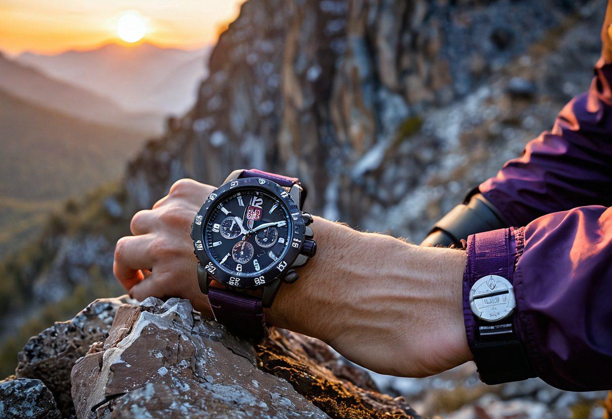 An awe-inspiring mountain landscape at sunrise, showcasing Luminox watches on rugged terrain with a close-up of the watch details emphasizing versatility and precision. Include a hiker in military gear examining a map, representing adventure and exploration. The sky should feature vibrant hues of orange and purple, while the watch glimmers against a backdrop of natural beauty. super-realistic. vibrant colors. outdoor focus.
