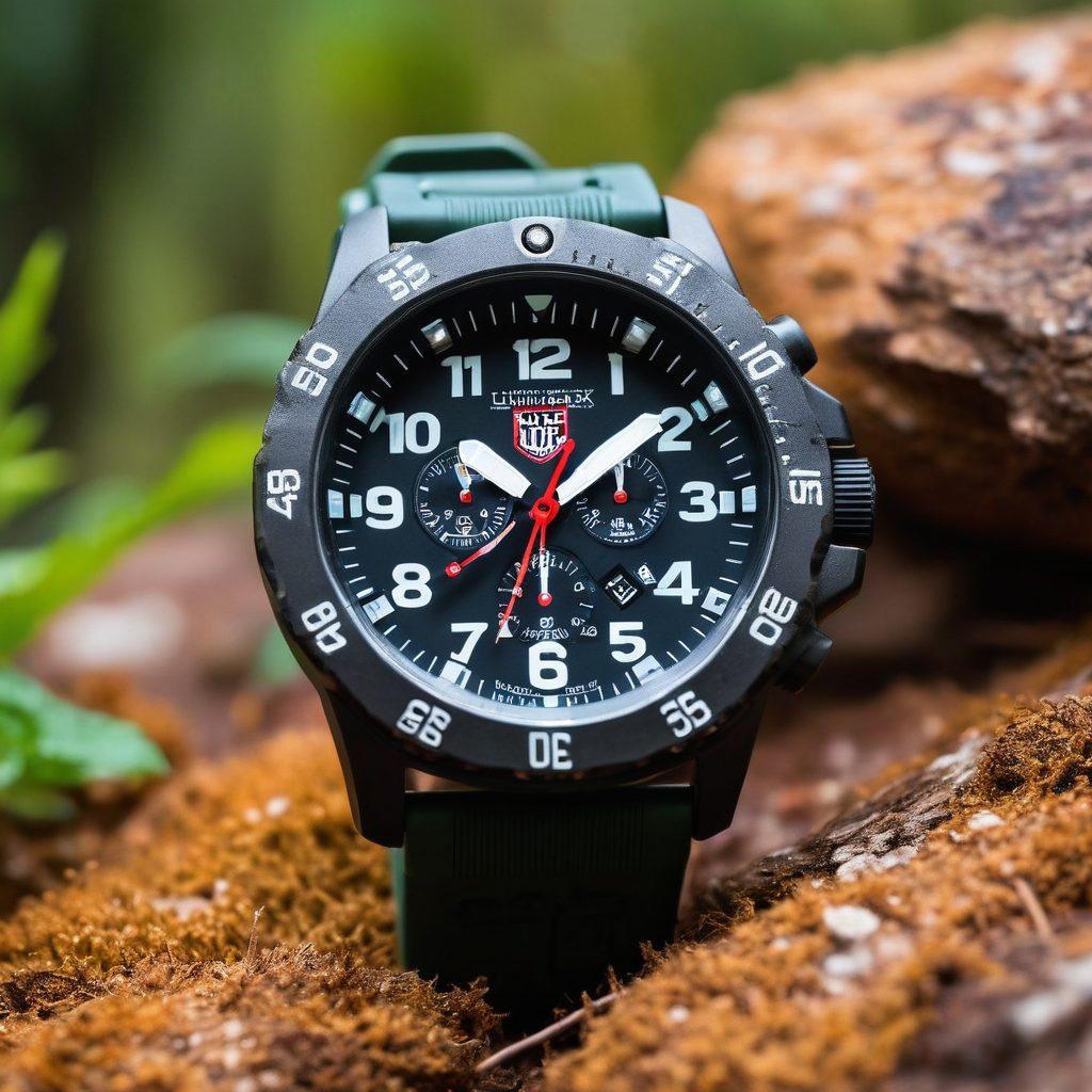 A close-up shot of a Luminox watch showcasing its rugged design and stylish elements against a backdrop of a trendy outdoor setting, blending nature with modern aesthetics. The watch should reflect its tactical features with bold textures and a sleek silhouette, embodying both functionality and fashion. Include hints of adventure like a compass or hiking gear subtly placed in the background. super-realistic. vibrant colors. natural light.